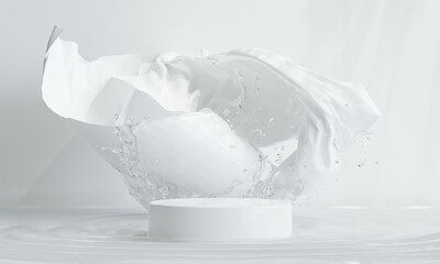 display podium and flying cloth curtain for product presentation, 3d rendering