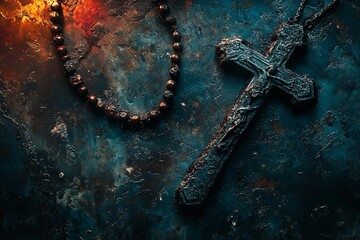 Ash Wednesday is symbolized by an old rosary and ash. Generative Ai