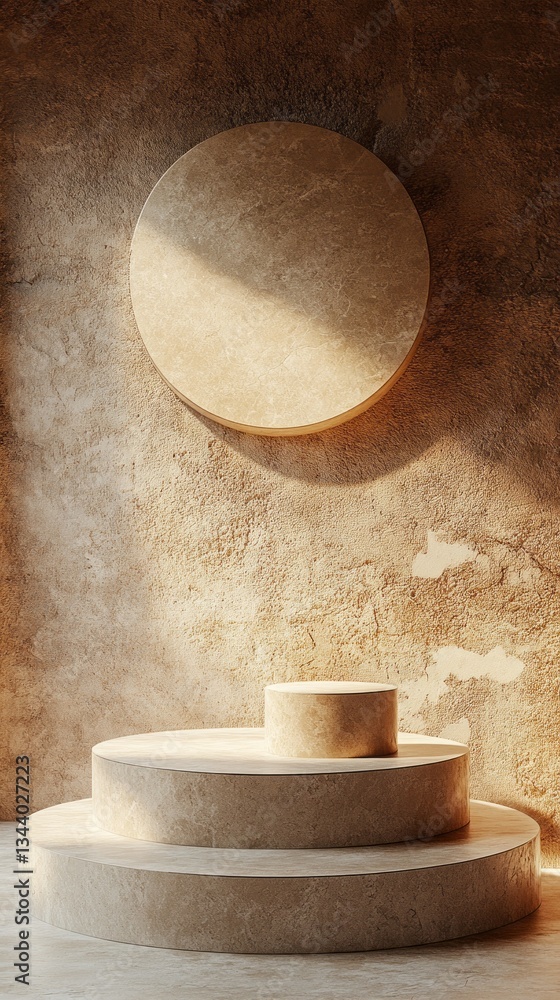 Aufkleber soft sunlight filters through a window, highlighting a sculptural stone podium with tiers. above it,