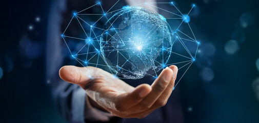 IT Consulting. Hand of man holding a global network connection, showcasing advanced technology solutions, seamless data integration, secure cloud computing, and digital transformation strategies.