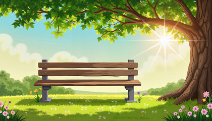 Serene wooden bench under a large tree in a sunny park, tranquility