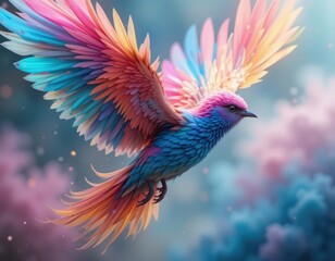 Obraz premium Colorful fantasy bird in flight ethereal landscape digital art vibrant environment artistic viewpoint