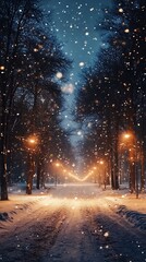 Snowy path illuminated by streetlights at night.