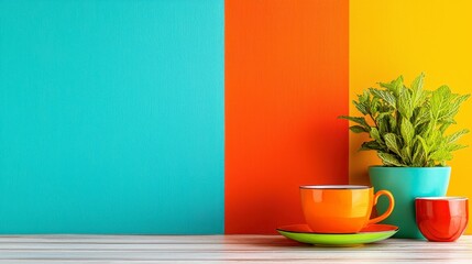 Vibrant Teal Orange and Yellow Background with Colorful Cups and Green Plant