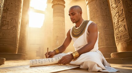 Ancient Scribe Writing In Egyptian Temple Ruins