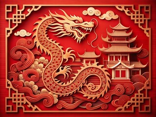 Obraz premium Happy Chinese New Year Dragon: Intricate Red Cut-Out Design