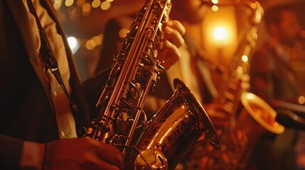 Obraz premium Close-up of saxophone players in a dimly lit jazz club atmosphere