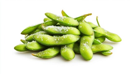 Handful of Edamame Pods Sprinkled with Sea Salt on White Background