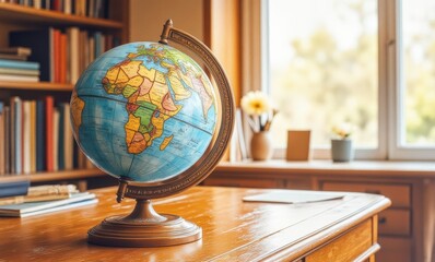 Colorful globe on wooden desk