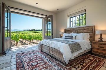 A luxurious bedroom with an open view of a vineyard and fields