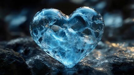 A heart made of ice is on a rock