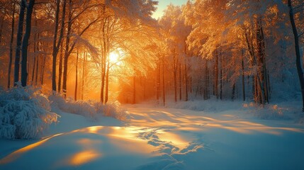 Naklejka premium Golden sunrise illuminates a snow-covered forest path