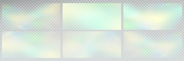 Rainbow light prism effect, transparent background. Hologram reflection, crystal flare leak shadow overlay.