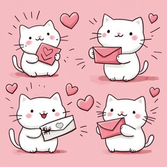 Cute Cartoon White Cats in Love with Valentine Elements on Pink Background