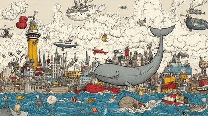 Naklejka premium Whimsical Cityscape with Whale and Mischievous Vessels in Ocean