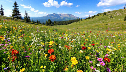 Vibrant Wildflower Meadow with Mountain Vista