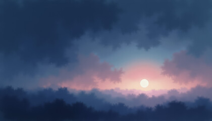 Obraz premium Serene sunrise above misty forest with soft clouds in pastel colors