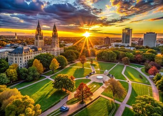 Fototapeta premium Hartford Sunset Aerial: Bushnell Park Golden Hour Panorama