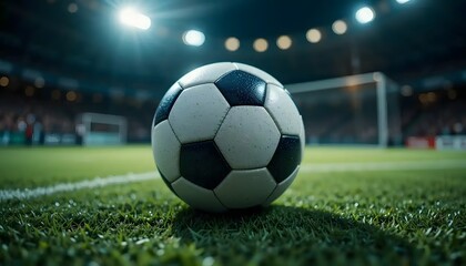 Fototapeta premium Soccer Ball on Green Grass Field Under Stadium Lights Focus