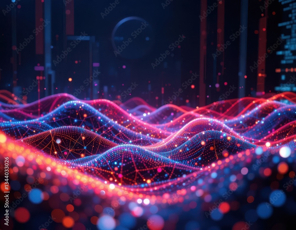 Poster visualizing data waves abstract digital art technology 3d visualization vibrant colors futuristic en