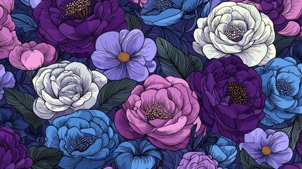 Enchanting Floral Symphony: A Seamless Pattern of Colorful Blossoms and Foliage