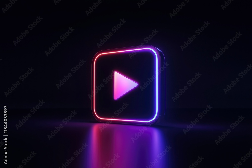 Poster glowing play button icon for multimedia content on a dark glossy background