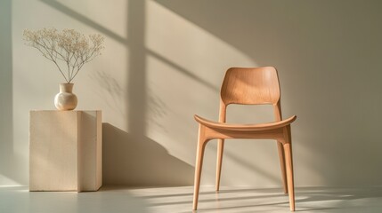 Sleek wooden chair with a sculpted seat and back on a gray background.