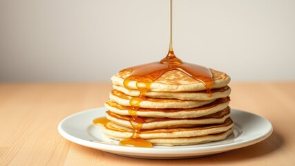 Fluffy Pancakes with Maple Syrup Drizzled on Top in Morning Light