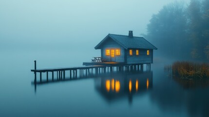 Fototapeta premium Serene Wooden House on Stilts Over Foggy Water Minimalist Scandinavian Style Ethereal Mood