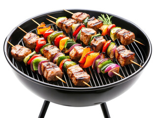 Delicious skewers grilling on a barbecue during a summer gathering on a transparent background, cut out