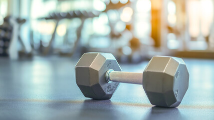 Heavy dumbbell rests on gym floor in modern fitness center during early morning workout session