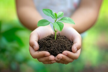 Kids Hands Holding a Sprouting Plant in Soil to Represent Growth and Sustainability for Earth Day