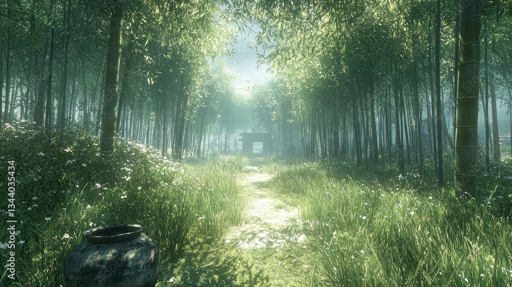 Poster enchanted bamboo forest path with ancient pot leading to a distant structure