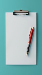 Blank clipboard with pen on teal background