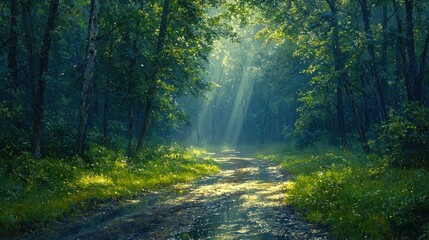 Fototapeta premium Sunbeams filter through the canopy of a vibrant lush forest pathway
