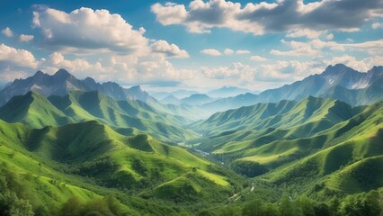 Fototapeta premium A vast landscape of rolling green mountains stretches across the image,