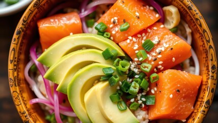 Fresh Salmon Avocado Bowl with Colorful Vegetables and Garnishes