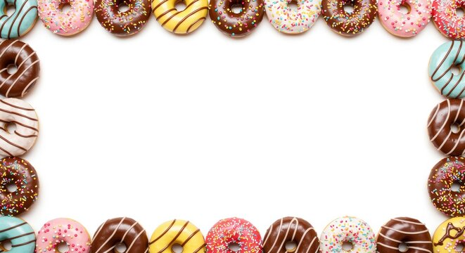 Multicolored donuts on a white background frame. Donut background