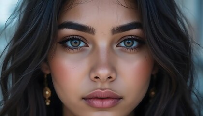 Woman Face Closeup with Green Eyes and Dark Wavy Hair