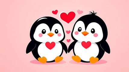 Naklejka premium Cute love penguins with hearts, adorable and romantic cartoon illustration celebrating affection