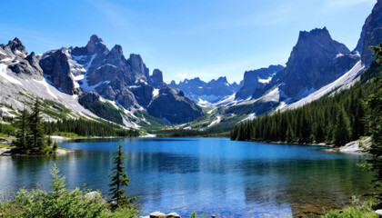 Majestic Mountain Lake Serenity: Breathtaking Panorama of a Pristine Alpine Lake Nestled Amongst Imposing Peaks Under a Vivid Blue Sky