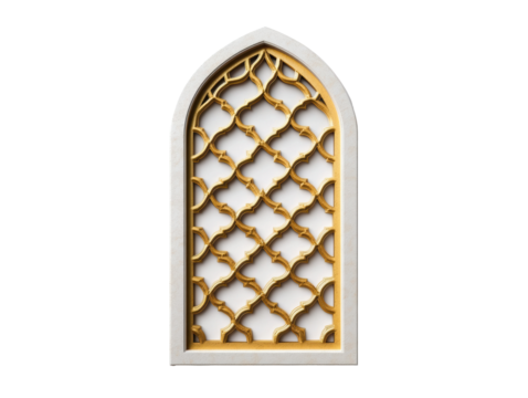 Elegant arched lattice window with golden detailing on a transparent background, cut out