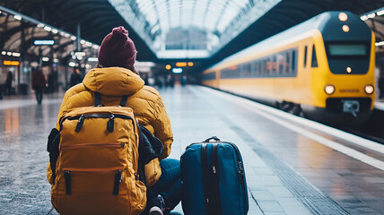 Traveler with backpack and luggage waiting at a modern train station platform as a yellow train arrives