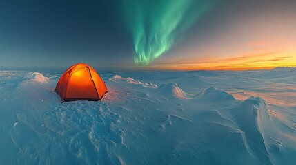 Illuminated tent in snowy landscape under aurora borealis (1)