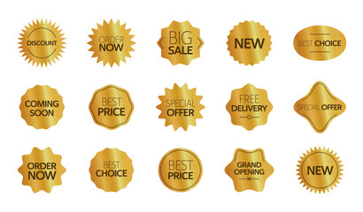 Golden sale labels set, shiny promotional badges, discount, best price, order now, special offer, free delivery, new arrival, grand opening, vector illustration.
