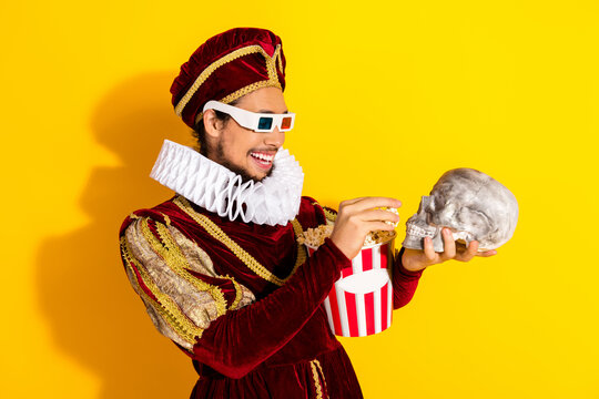 Humorous portrayal of a medieval nobleman enjoying modern cinema in a colorful parodic setting
