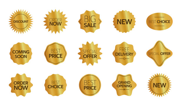 Golden sale labels set, shiny promotional badges, discount, best price, order now, special offer, free delivery, new arrival, grand opening, vector illustration.