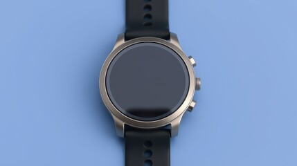 Modern Round Smartwatch with Black Silicone Strap on Blue Background
