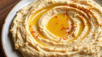 Creamy Hummus with Olive Oil Drizzle and Paprika Garnish
