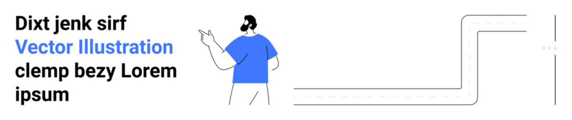 Man in a blue shirt gesturing near stylized text and pathway lines. Ideal for presentations, education, infographics, instruction, navigation, communication, simple landing page